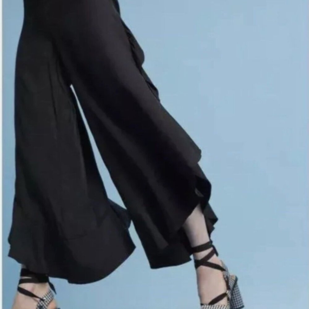Anthropologie Elevenses Black Antilles Ruffle Wide Leg Pant Size 4 NWT